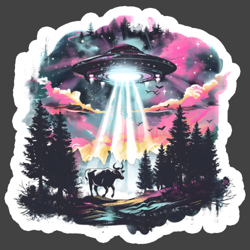 UFO Sticker Vinyl Decal Alien Abduction Cow Forest Sci Fi Aesthetic