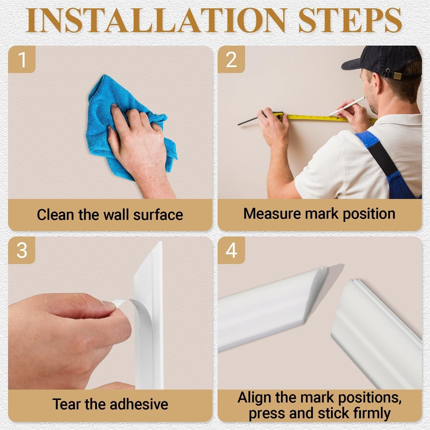 4 Set Peel and Stick Wall Molding Trim Kit, Premade Wainscoting Panels, White…