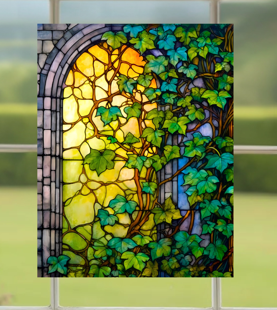 Ivy Trellis Faux Stained-Glass WINDOW CLING Suncatcher Size 10.6" Vinyl