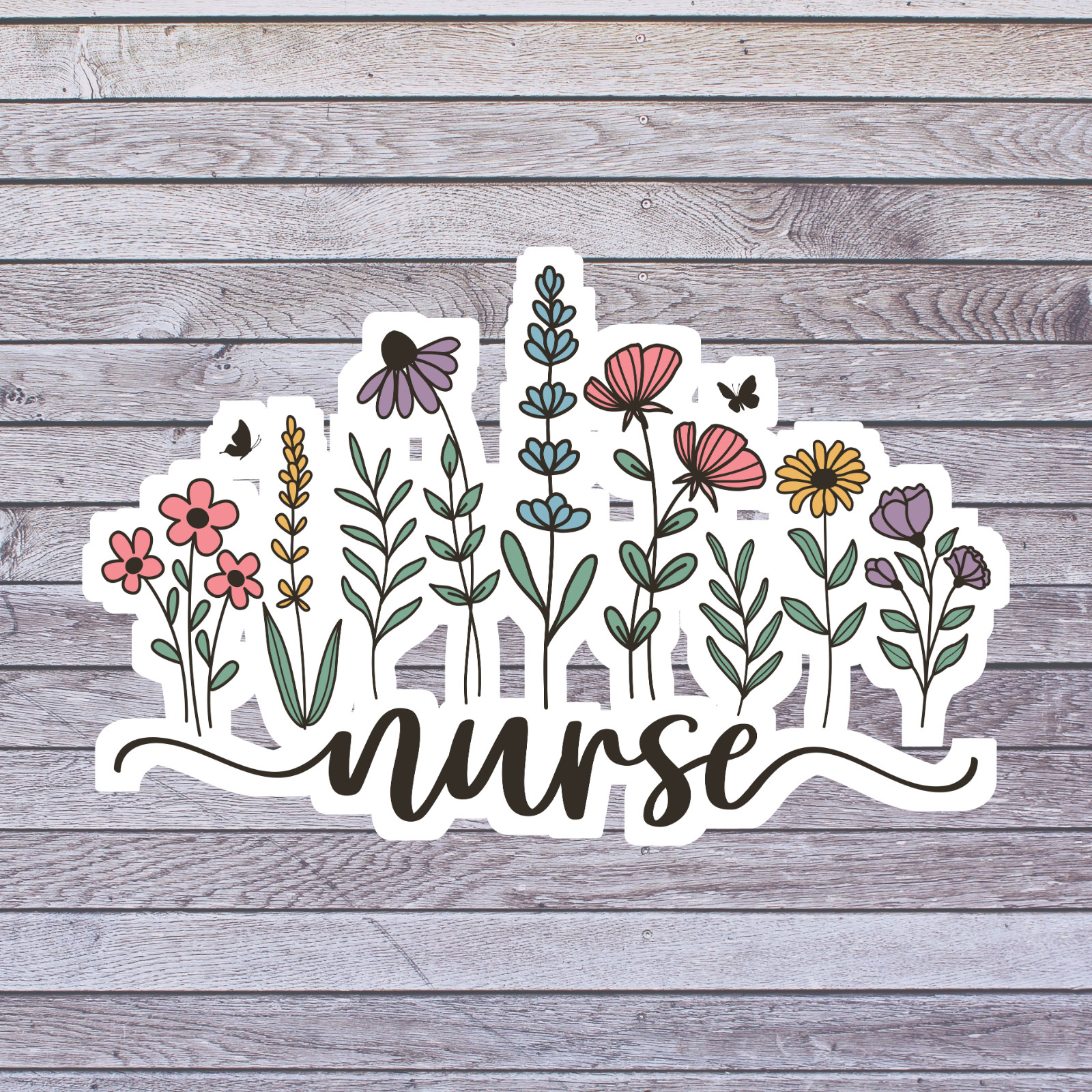 Nurse sticker vinyl decal wildflower garden hand drawn floral lettering