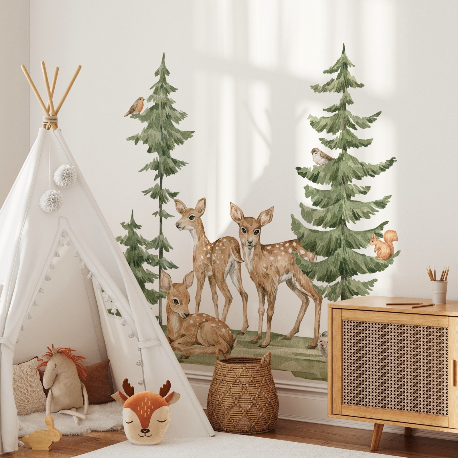 Woodland Forest Deer Wall Decal Set | Peel & Stick Fabric Nursery Wall Sticker