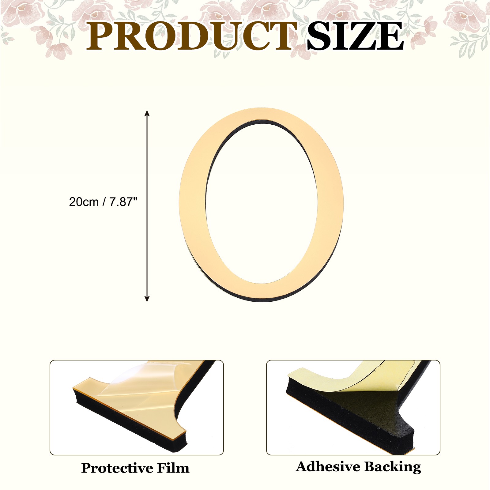 7.87 Inch 3D Acrylic Alphabet Mirror Wall Stickers Letter O Light Gold