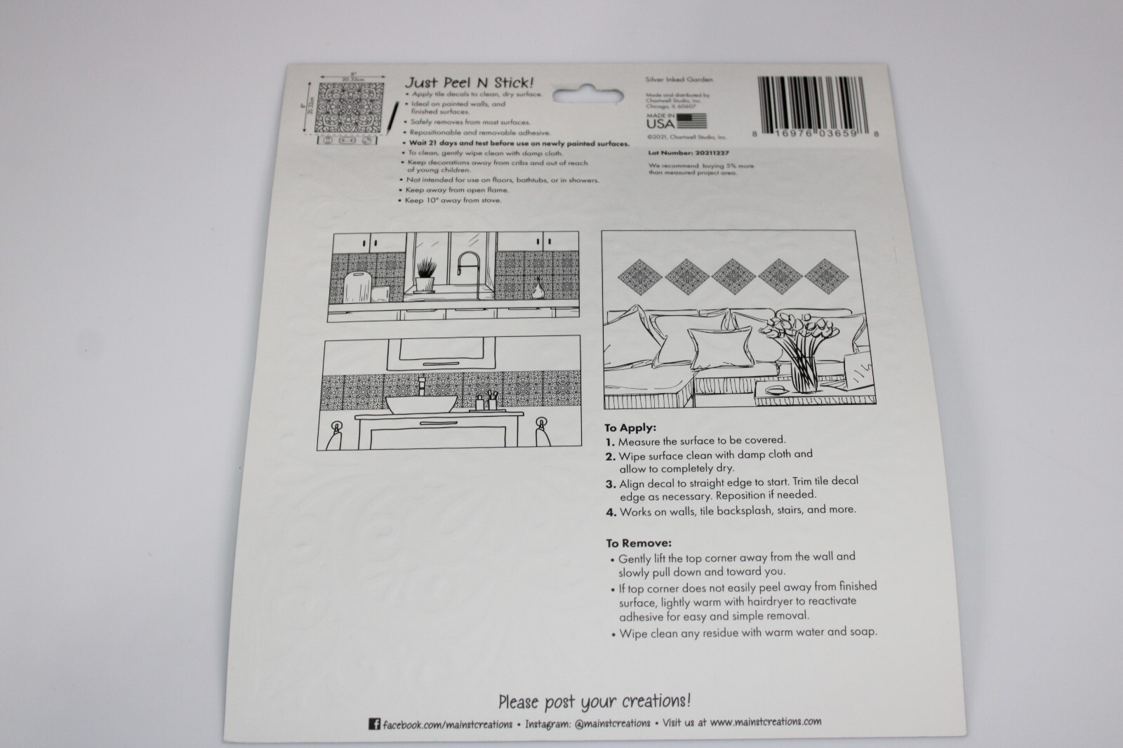 3 Main Street Wall Creations 8"x8" Wall Tile Decal Silver Inked Garden