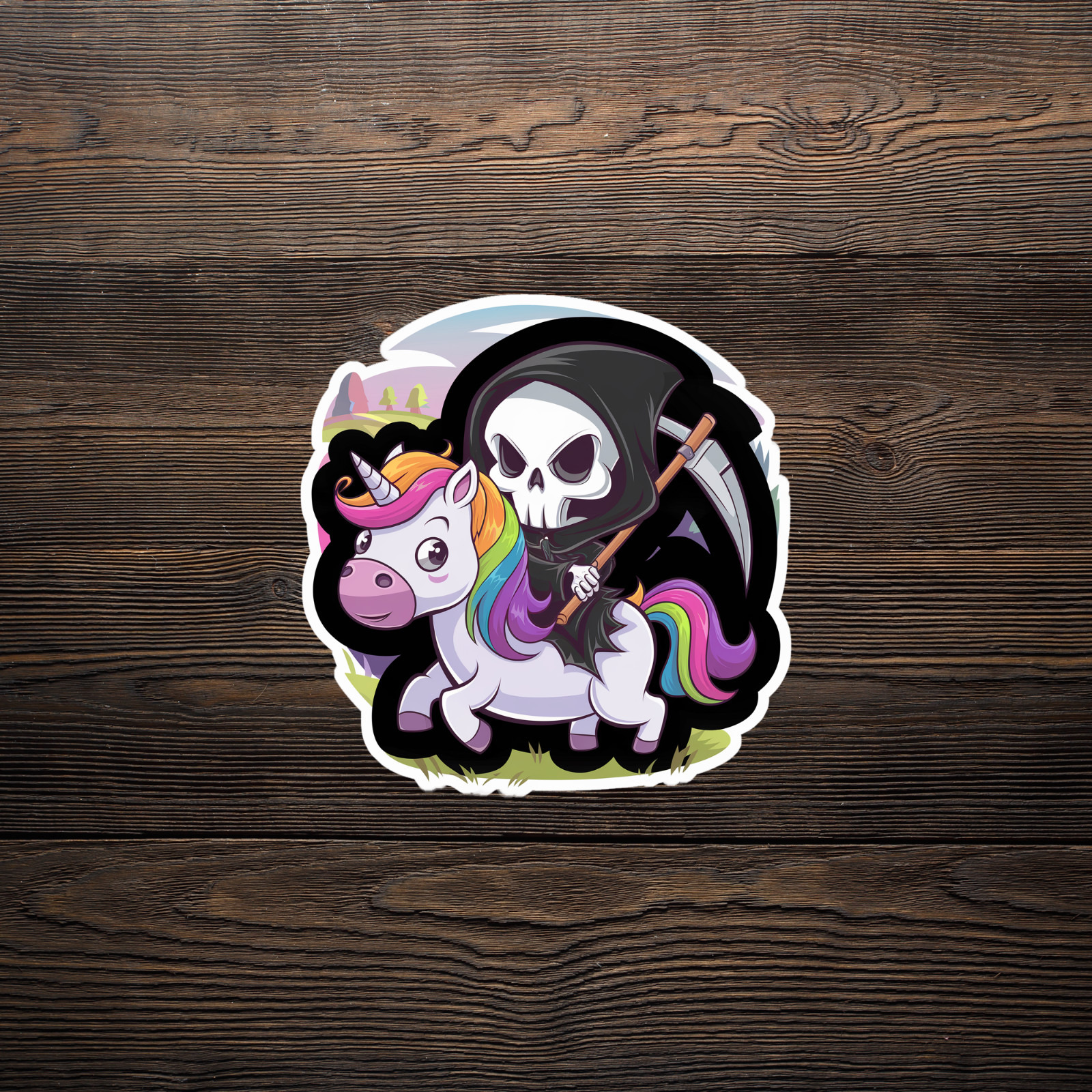 Cute Grim Reaper Unicorn Sticker – Gothic Rainbow Fantasy Decal #1861