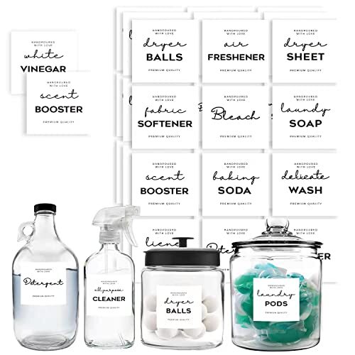 Minimalist Laundry Room Labels Set, 36 White Matte Stickers on Clear