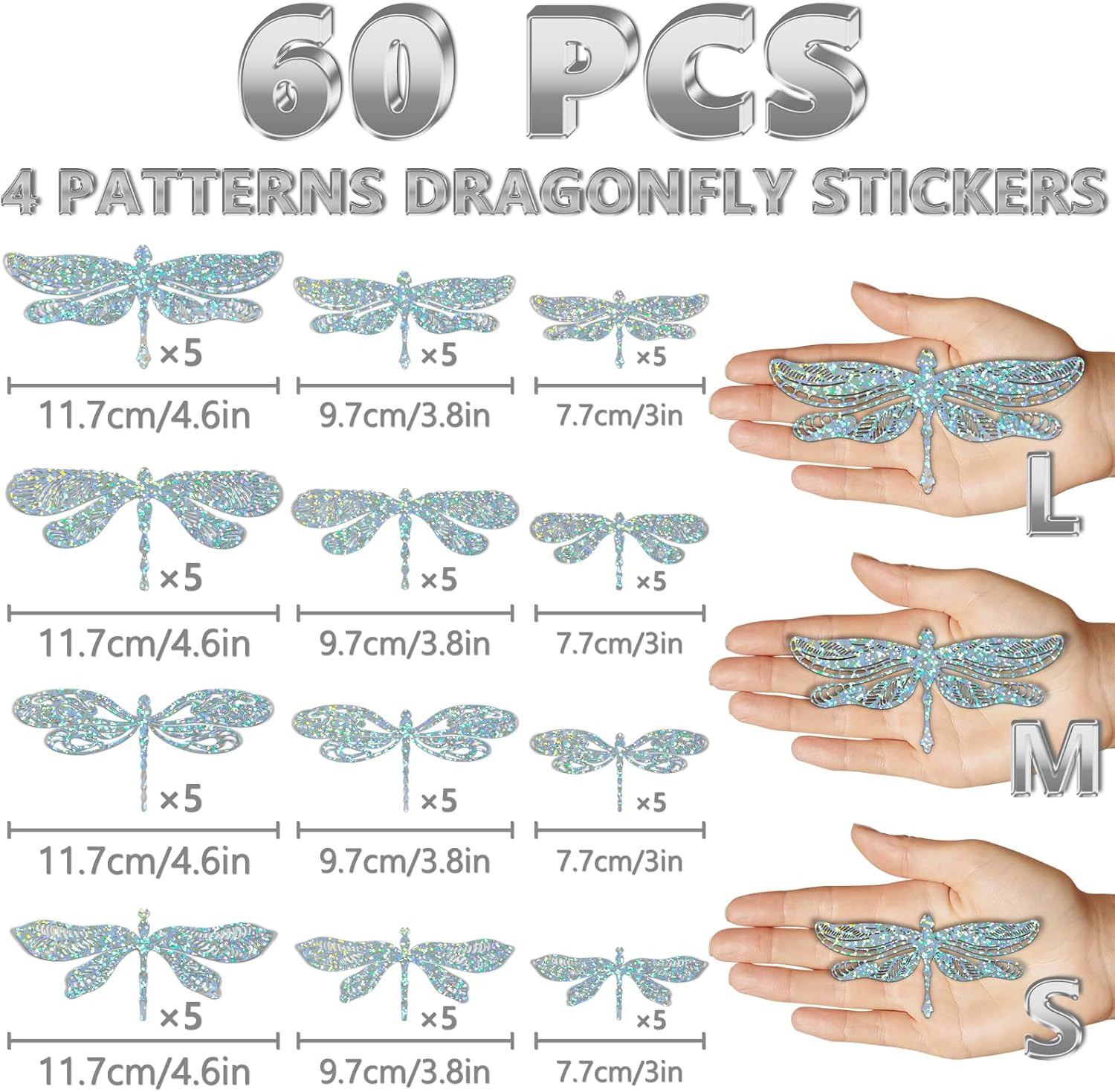 60 Pcs 3D Silver Dragonfly Wall Decor, 4 Styles 3 Sizes,Dragonfly Cake Birthday