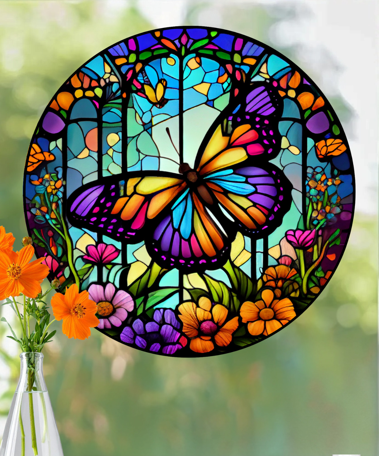 Butterfly Faux Stained-Glass WINDOW CLING Sun-catcher Size 8" Round Vinyl