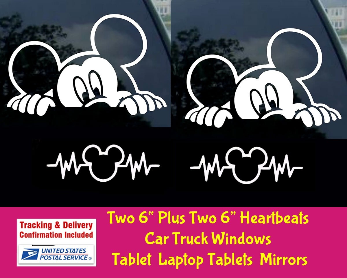 Mouse Mickey peeking & Heartbeat 4 PK Car Truck Vinyl Decal laptop car truck