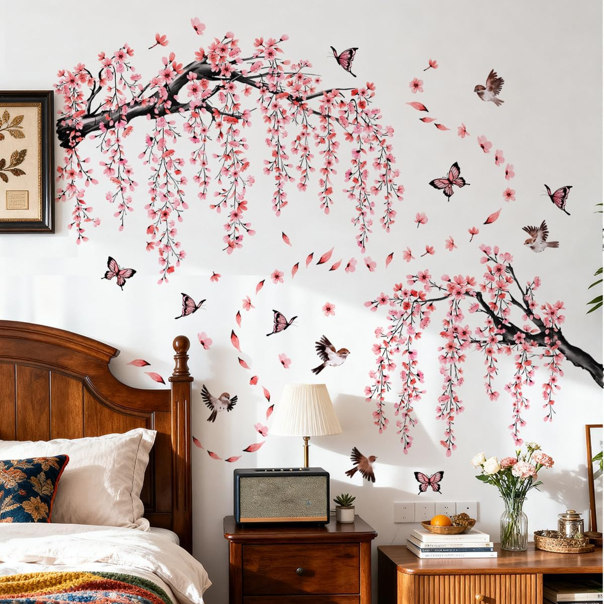 Large Cherry Blossom Wall Decals with Butterflies and Birds, Pink Floral Tree Br