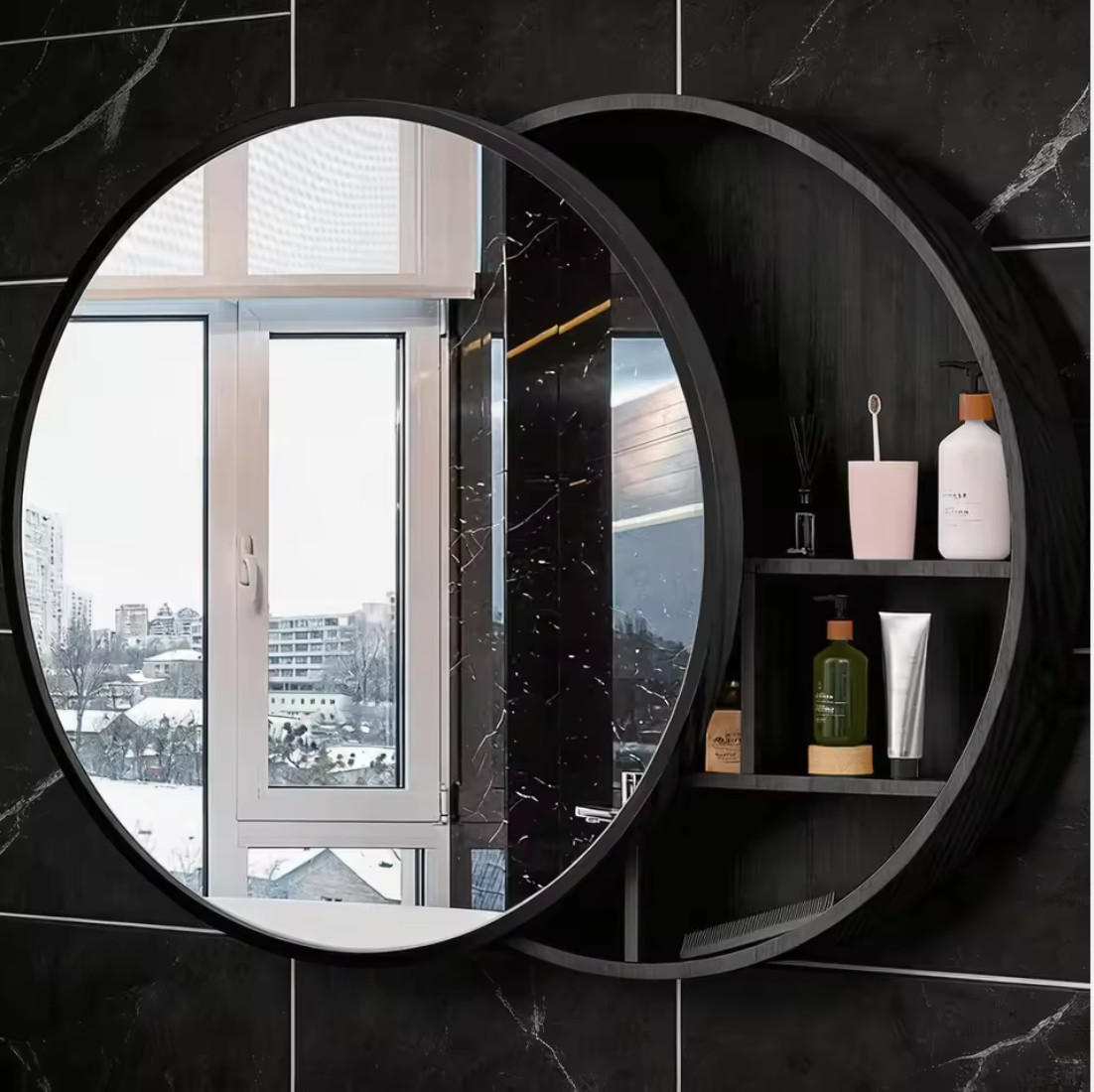 Black Round Glass Wall-Mounted Vannity Cabinet Storage Modern Eco-Friendly