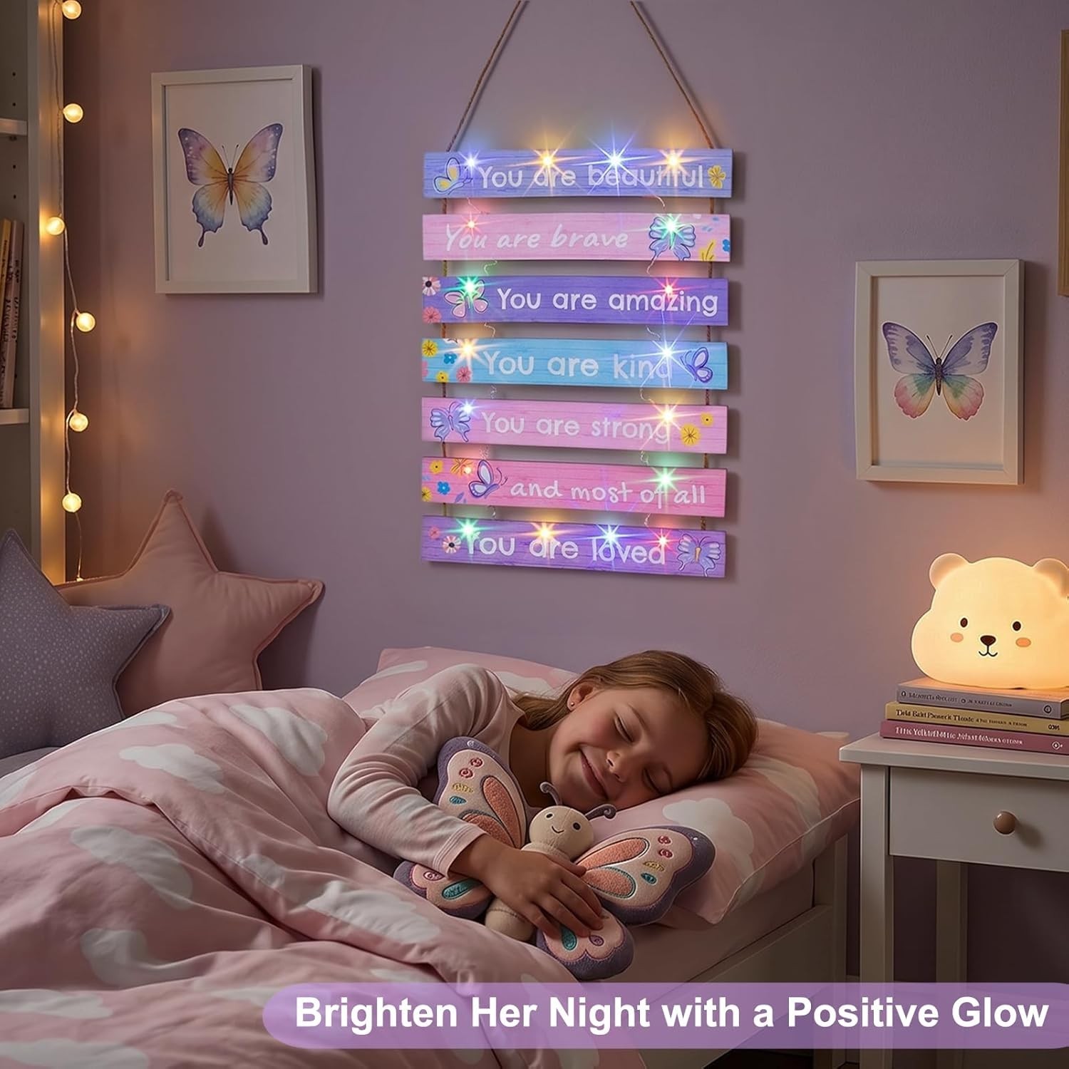 Girls Room Decor LED Light Wall Art for Kids Bedroom Inspirational Butterfly