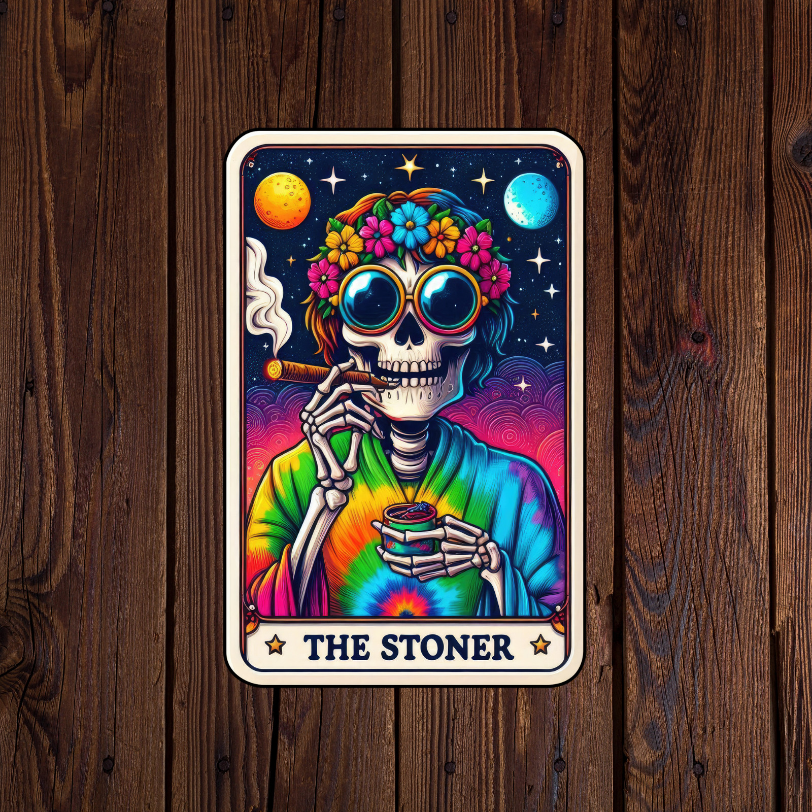 Tarot card sticker vinyl decal the stoner skeleton flower hippie marijuana mug