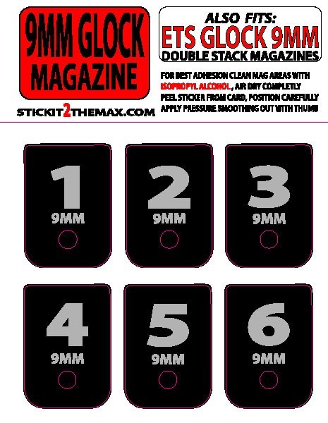 FITS GLOCK 9MM GREY NUMBERED 1-6 MAGAZINE BASE PLATE STICKERS,set of 6
