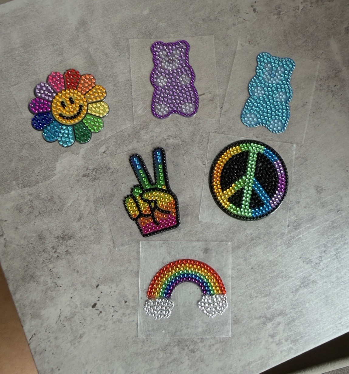 StickerBeans – 6 Multicolor 3D Rhinestone Stickers Peace Rainbow Smiley