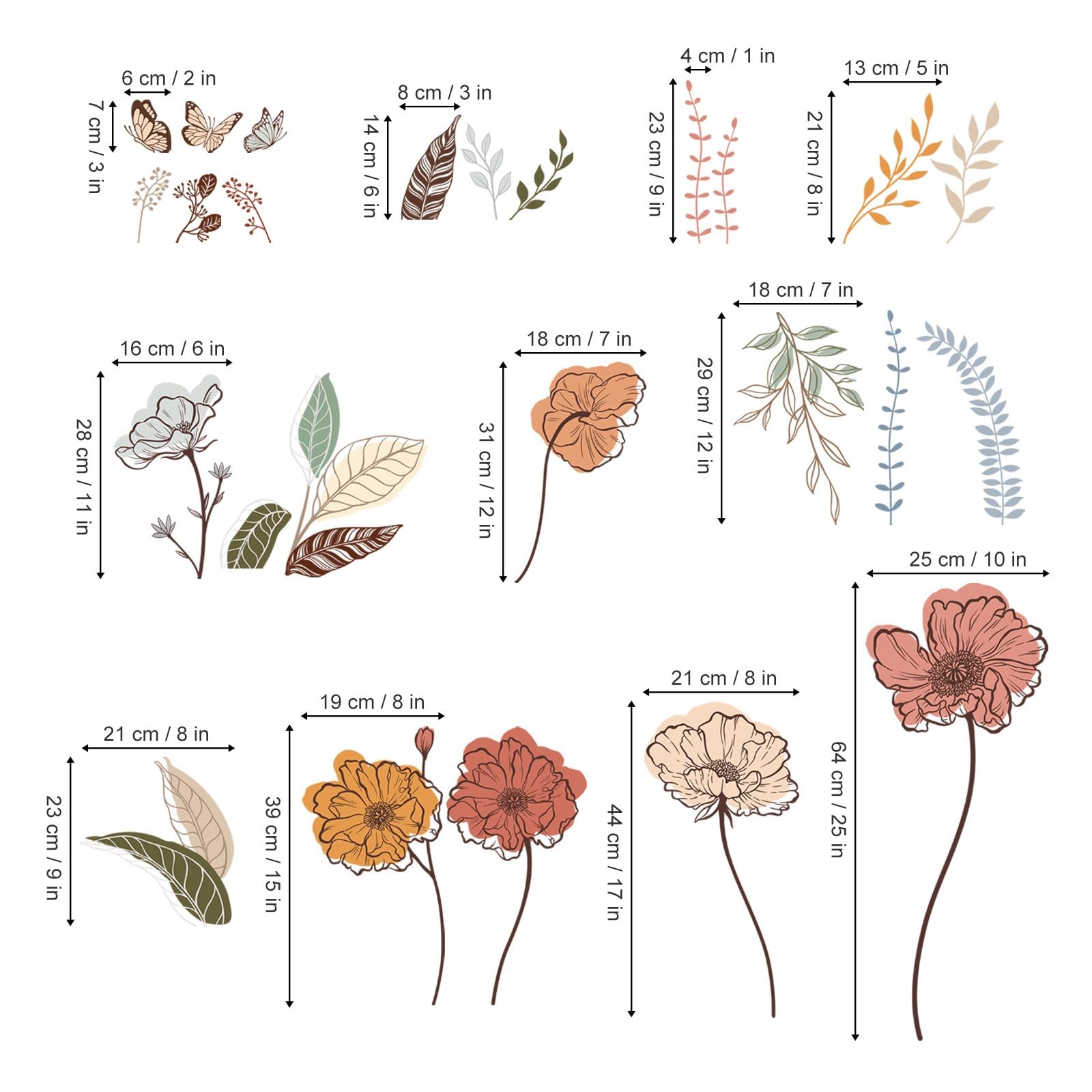 wondever Boho Flower Wall Stickers Wildflower Floral Grass Peel and Multi