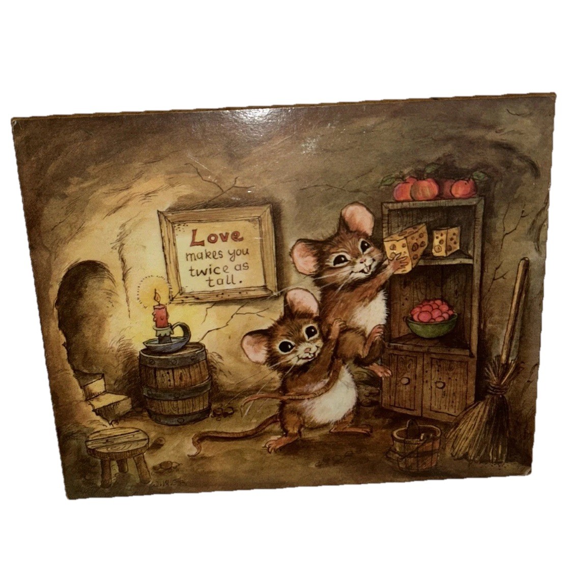 Vtg 1970s W M Otto Mice Decoupage Plaque Art Love Makes You Twice As Tall