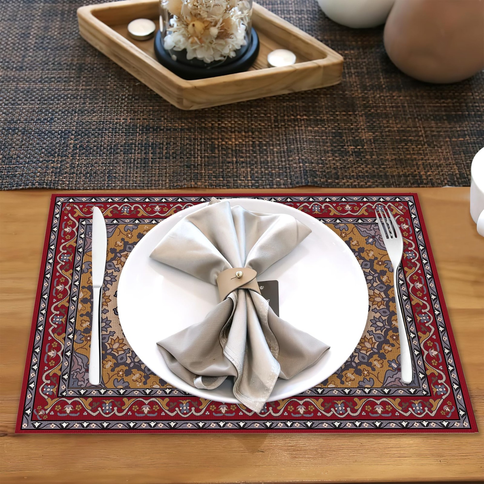 Ethnic Boho Linen Placemats Set of 6,12×18 Inch Vintage Bohemian Washable Tab…