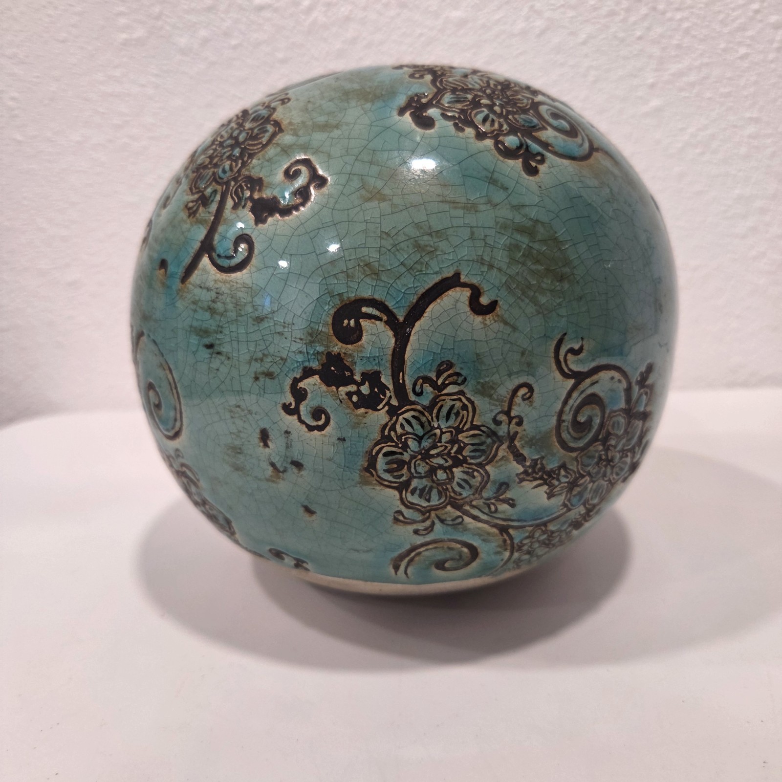 Vintage Turquoise Crackle Glaze Ceramic Decorative Orb Sphere 7” Floral Scroll