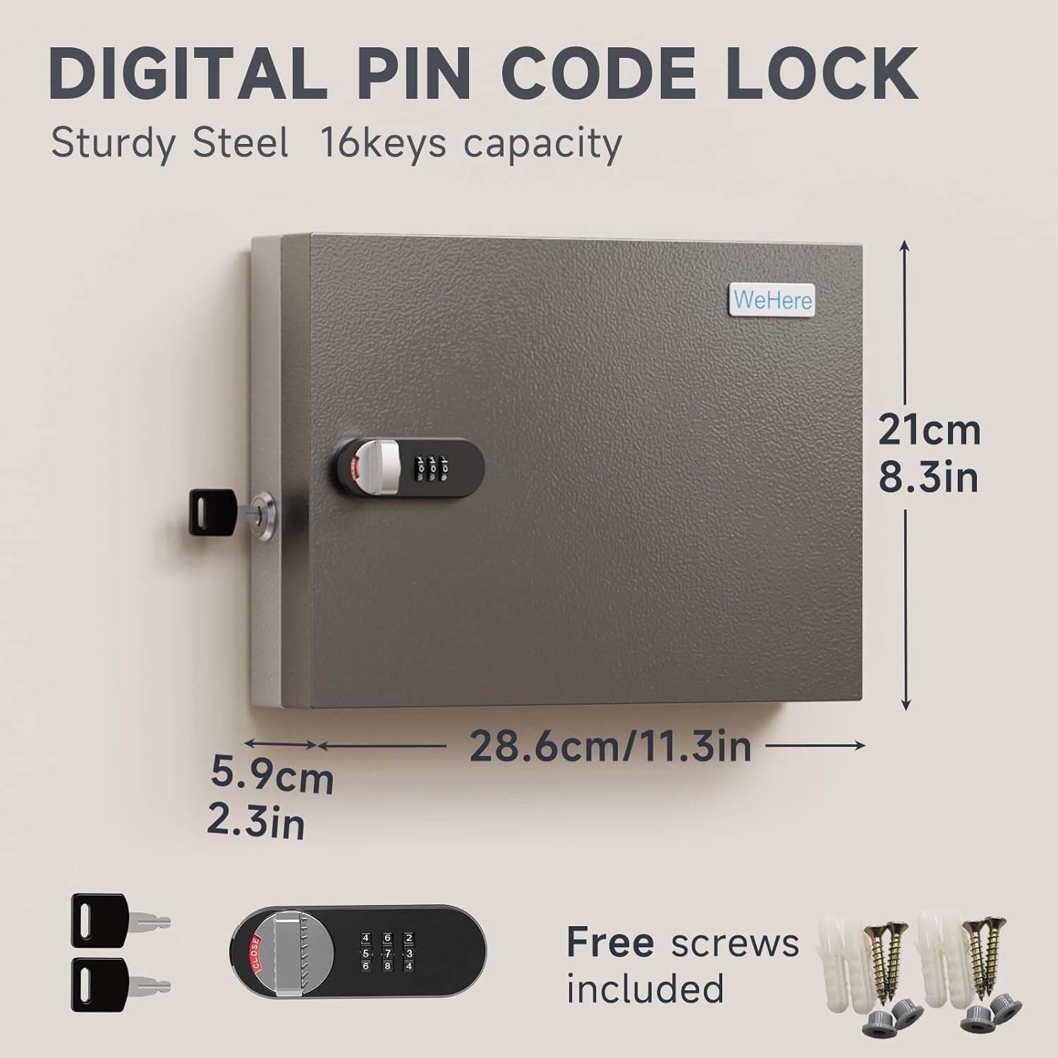 Key Lock Box Wall Mount, 16 Key Cabinet with Combination Lock & Key Tags, Digita