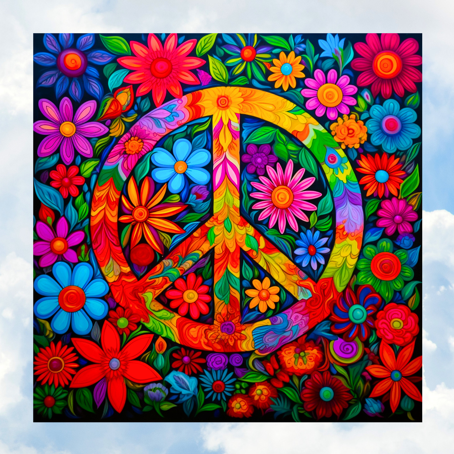 Peace Sign with Hippie Flowers WINDOW CLING Sun-catcher Size 8" Square Vinyl