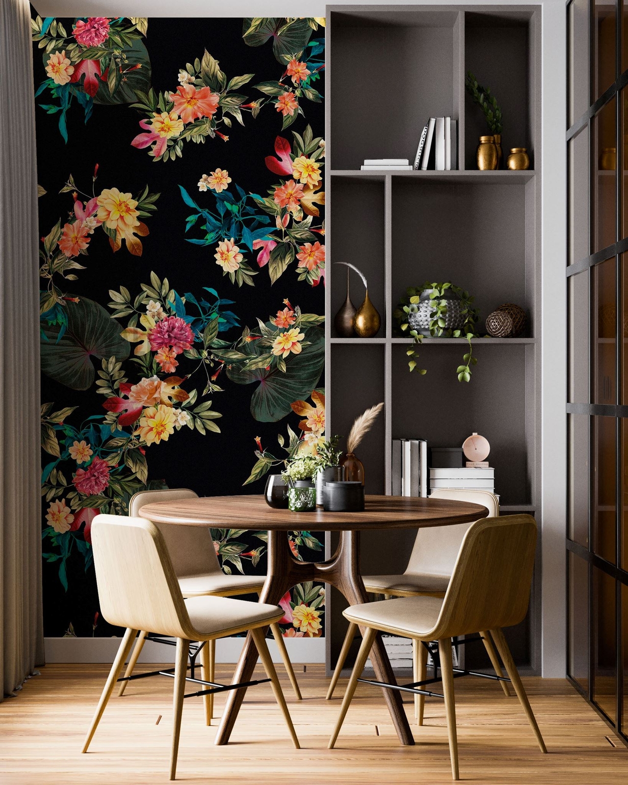 Tropical Flower Wall Mural. Paradise Botanical Flowers and Leave Black Backgroun