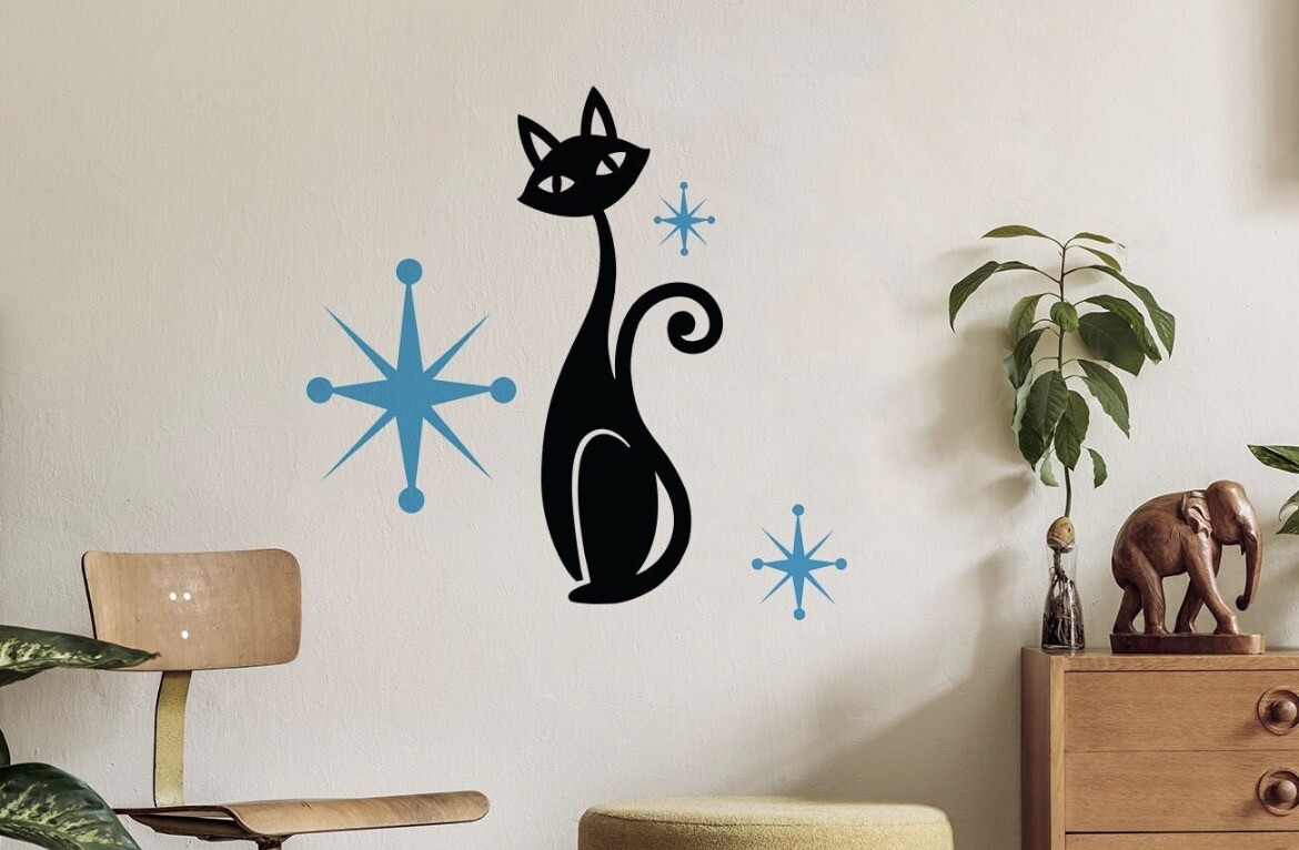 Modern Vintage Cat Starburst With Stars Wall Decal ￼