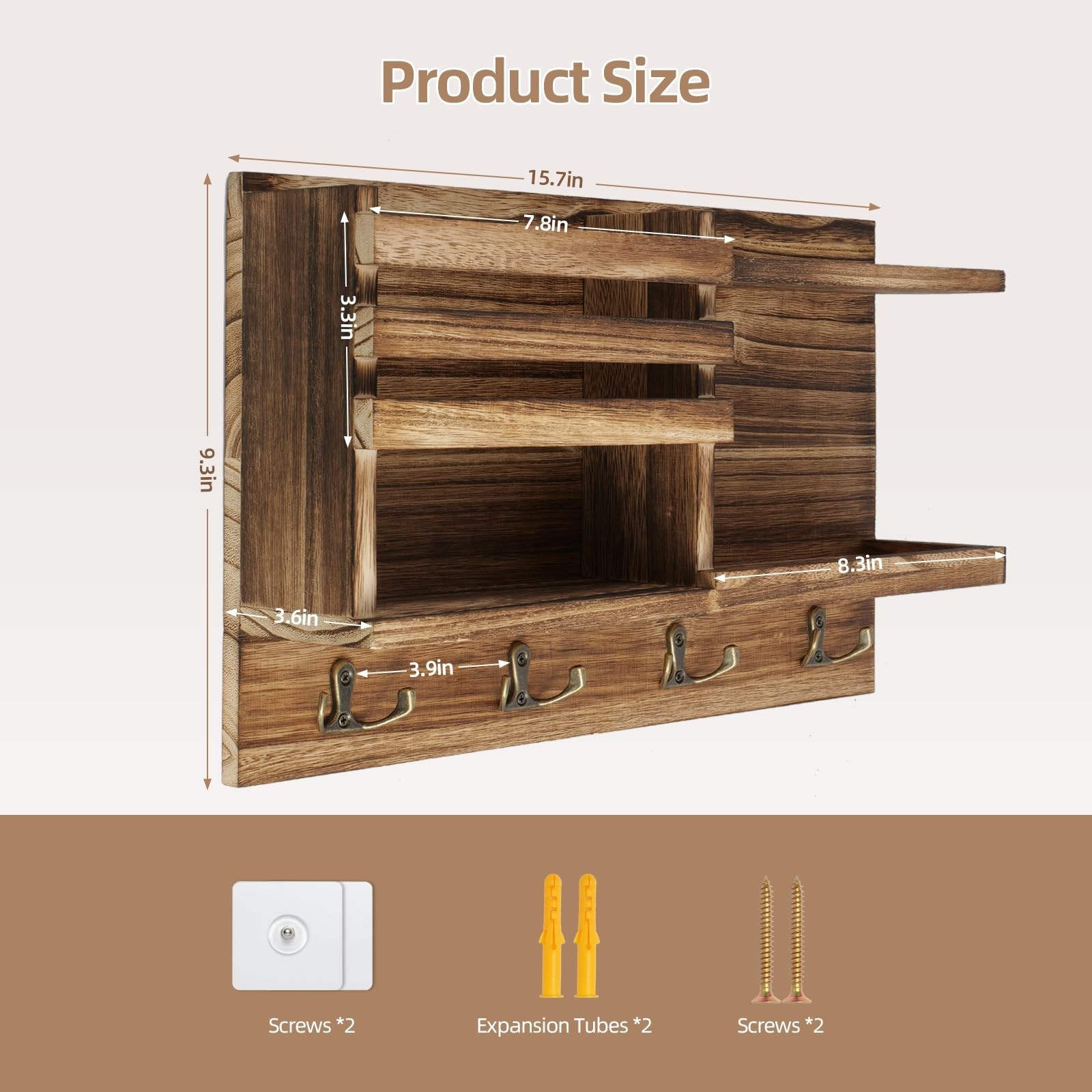 Key Holder Wall Mount, Solid Wood Key and Mail Organizer for Wall(Self Adhesi…
