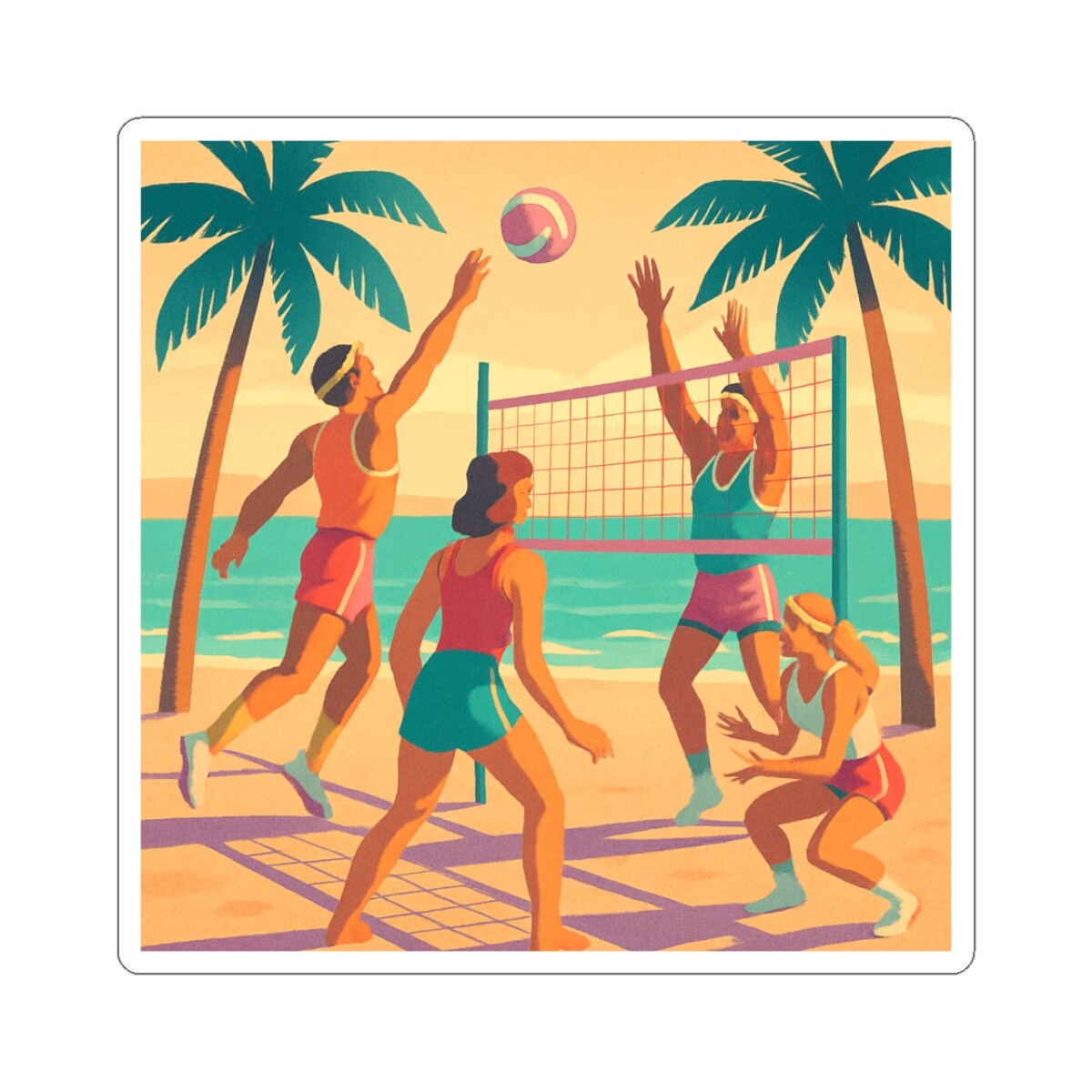 Sticker Pastel Beach Volleyball Retro Scene 2×2 3×3 4×4 6×6
