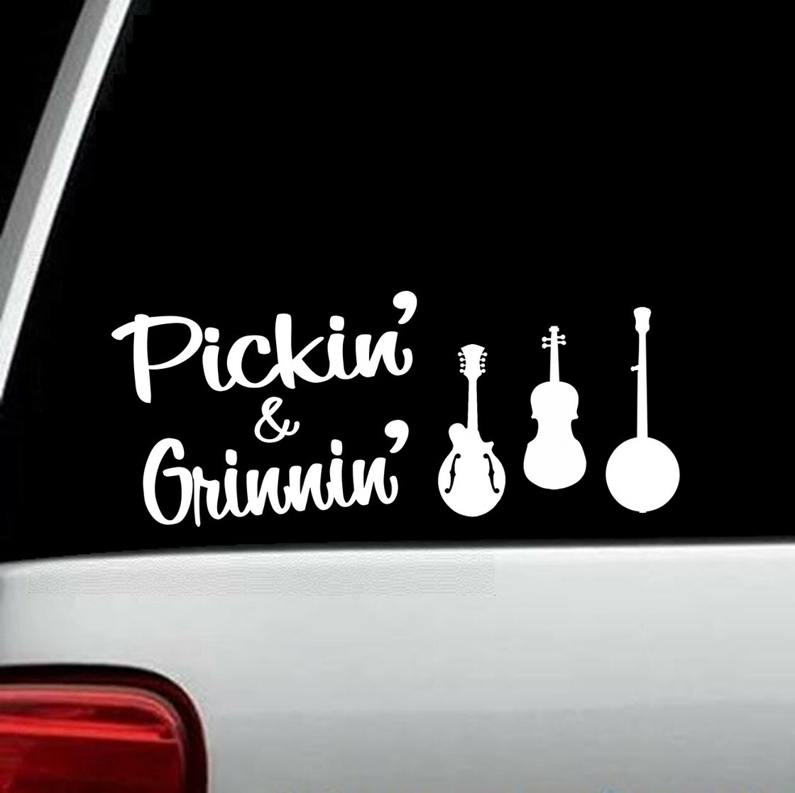 Bluegrass Music Banjo Fiddle Mandolin Decal Sticker for Car Pick and Grin J1016