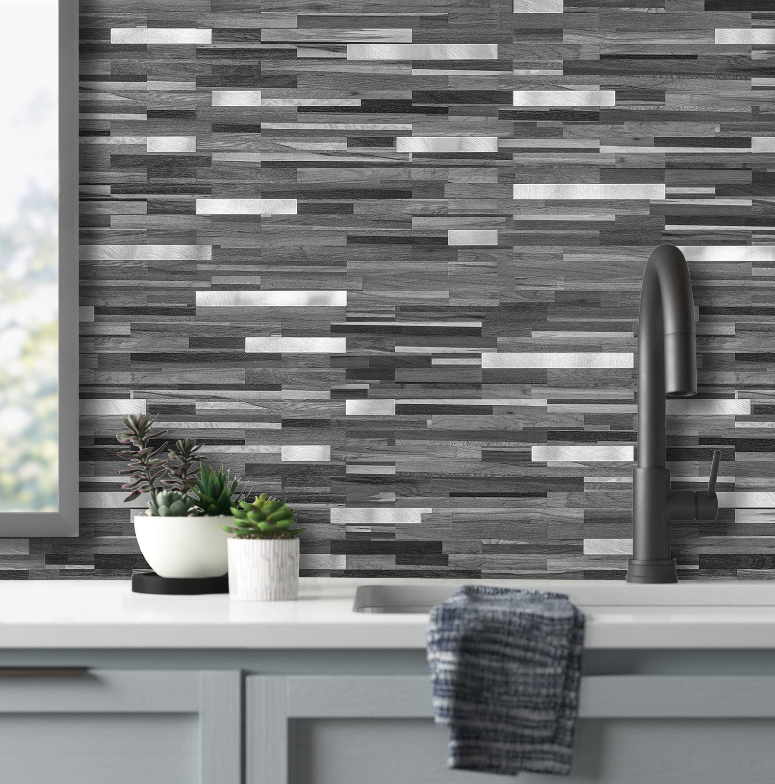 20 Sheets Peel and Stick Backsplash, Black & Grey Wood Look PVC Mixed Metal S…