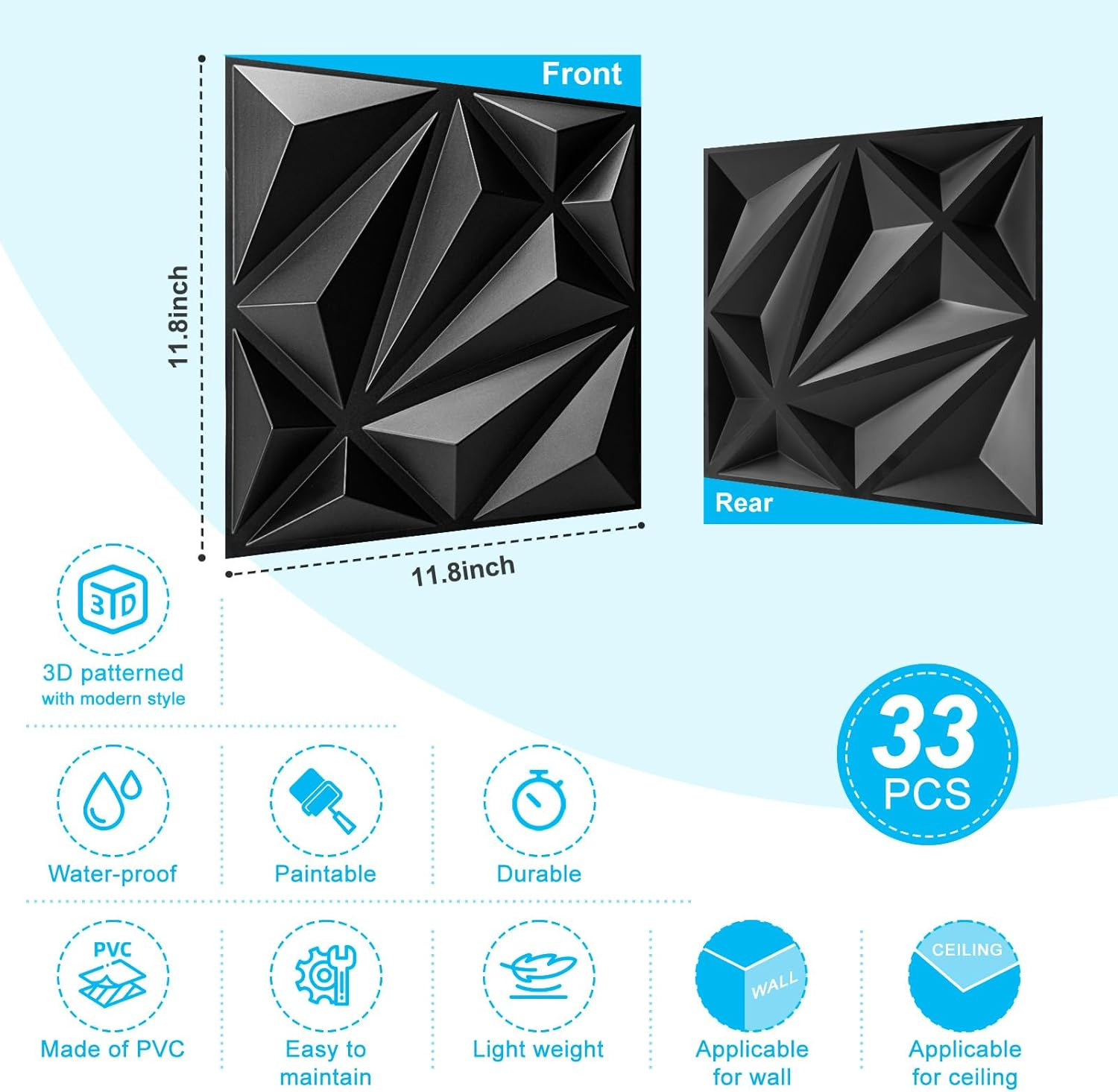 33-Pack 3D Wall Panel for Interior Wall Décor, Diamond Textured PVC Accent Wall