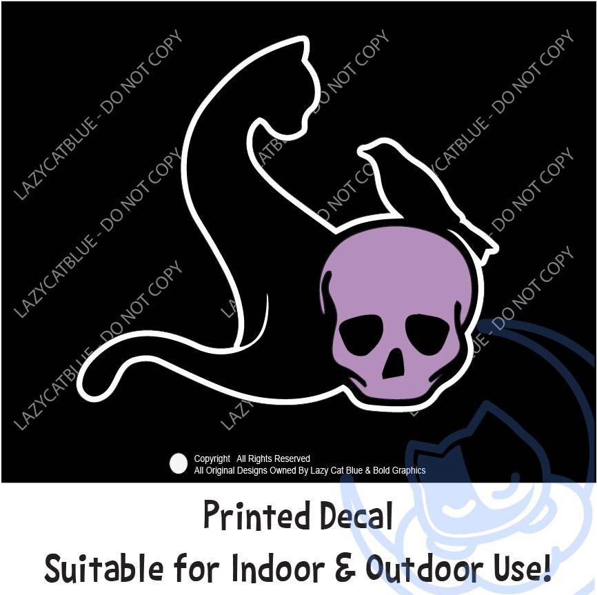 Cat Raven and Skull Decal Sticker Crow Halloween Decor Goth Dark Kitty Human