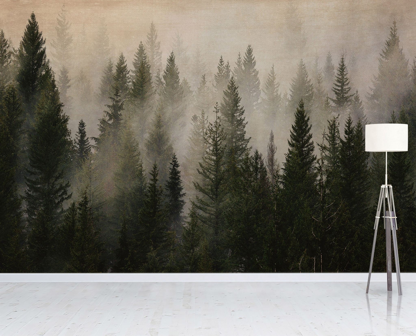 Misty Pine Tree Forest Landscape Wallpaper. Peel and Stick Wall Mural. Self Adhe