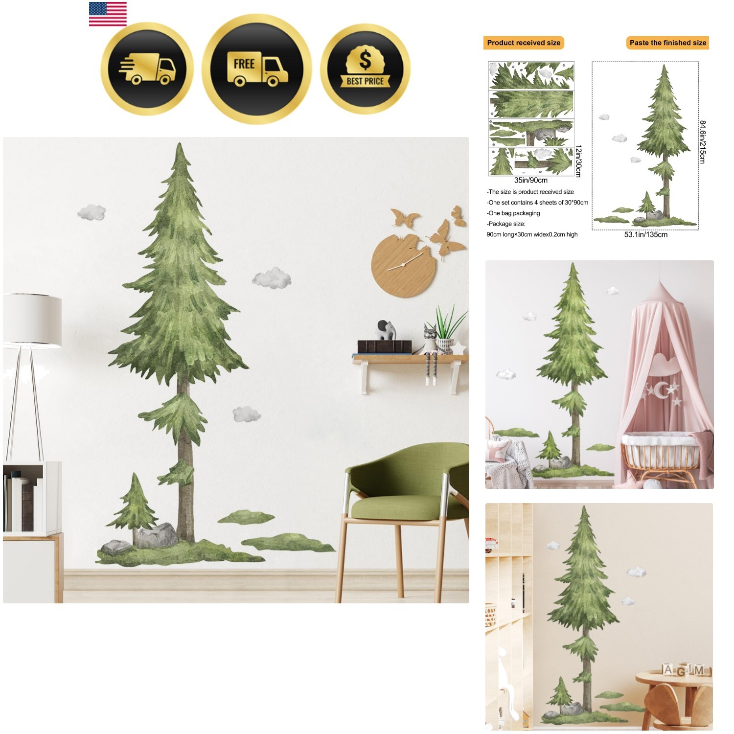 Wall Decals Large Pine Tree Elk Birds Watercolor Woodland Wall Stickers for Kids