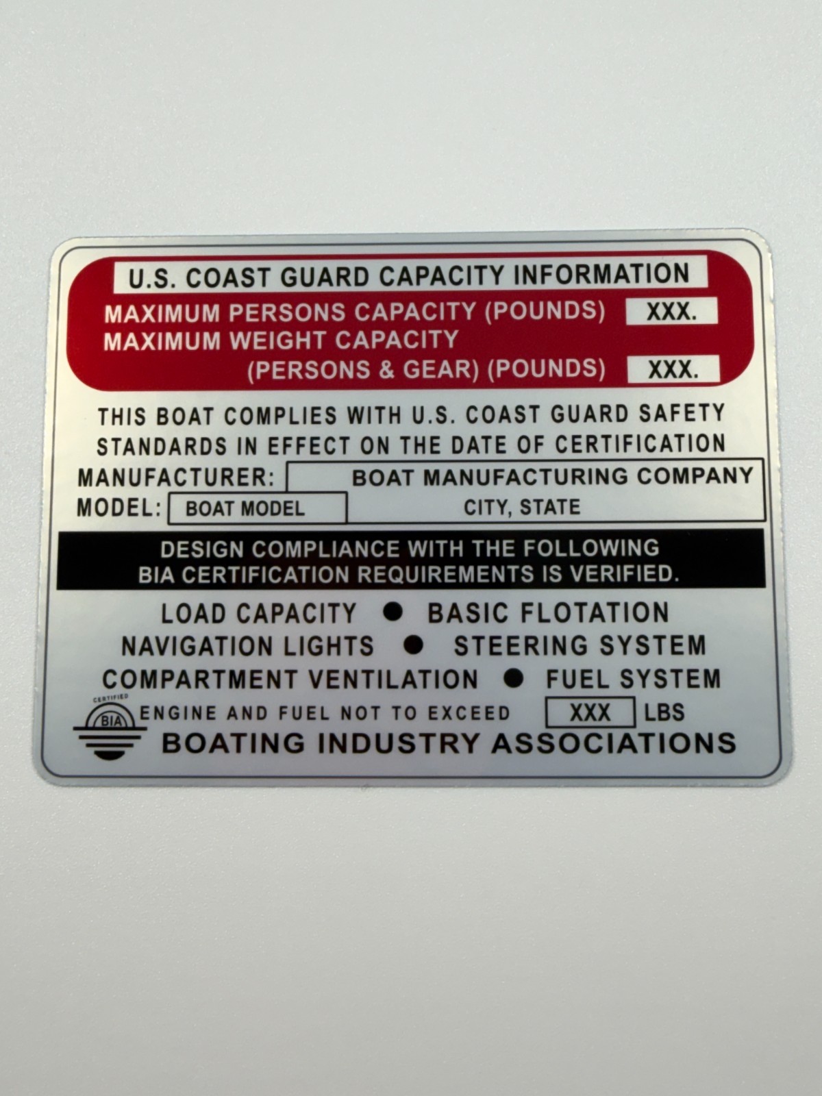 Custom Vintage Boat Capacity Plate Sticker Replacement Decal 4×3 Silver