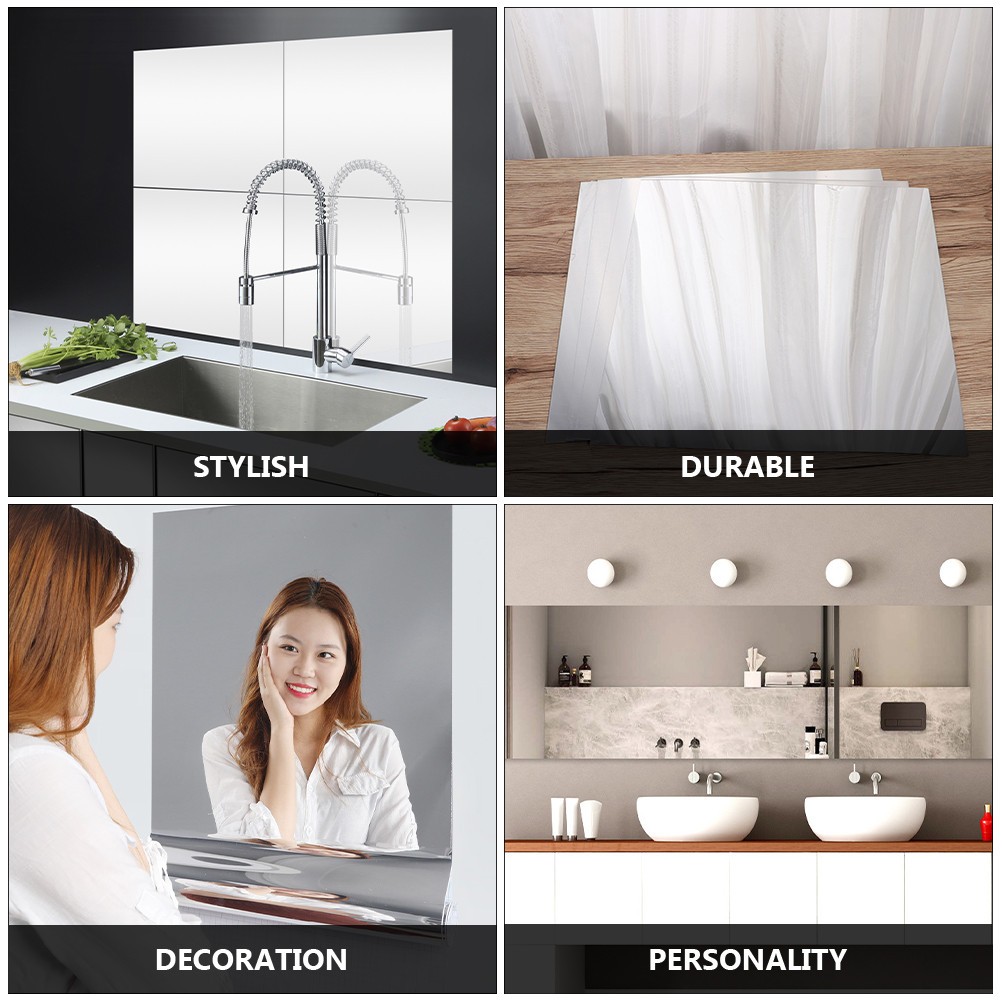 6Pcs Reusable Decorative Mirror Decals Silver for Kitchen Bedroom Wall Decor