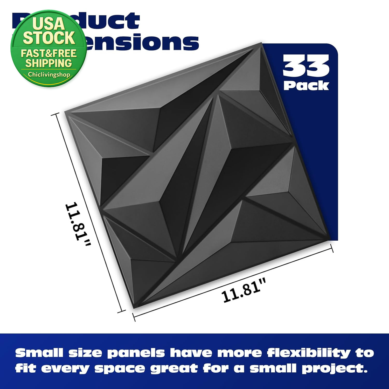 3D Wall Panel Diamond 33 Pack Textured PVC Cover 32 Sq Ft Black 12X12