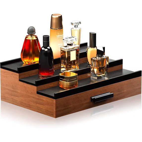 3 Tier Cologne Organizer Display Shelf for Men Wooden Perfume Stand w Drawer