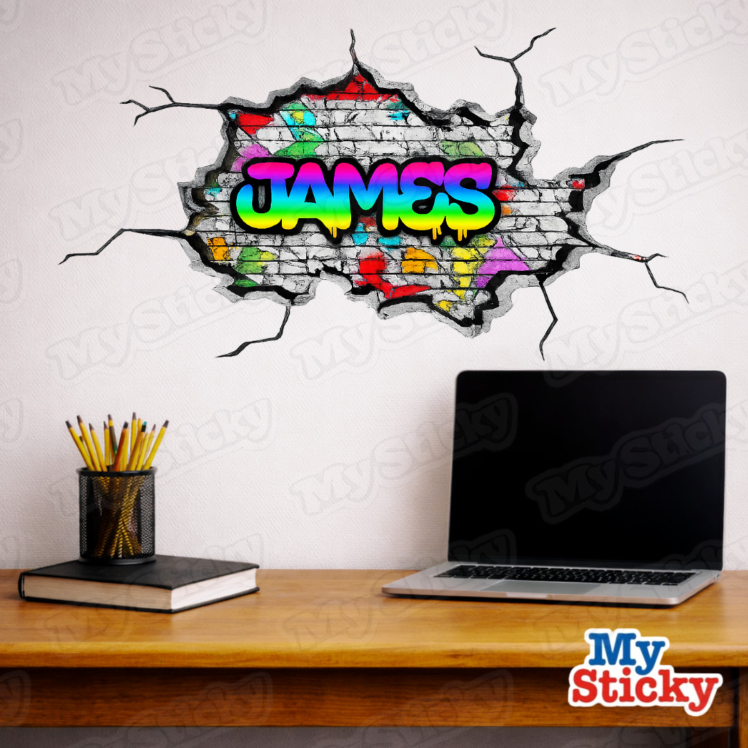 Custom Graffiti Name Wall Decal 3D Brick Breakthrough Personalized Room Sticker