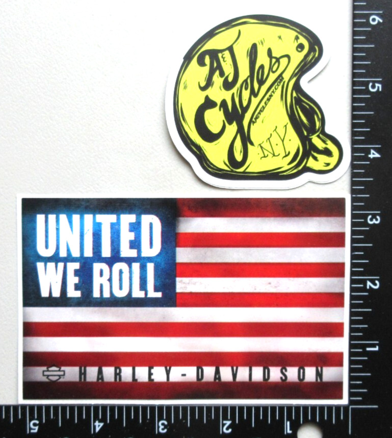 🔥HARLEY DAVIDSON UNITED WE ROLL FLAG AND A & J CYCLES NY HELMET DECALS STICKERS