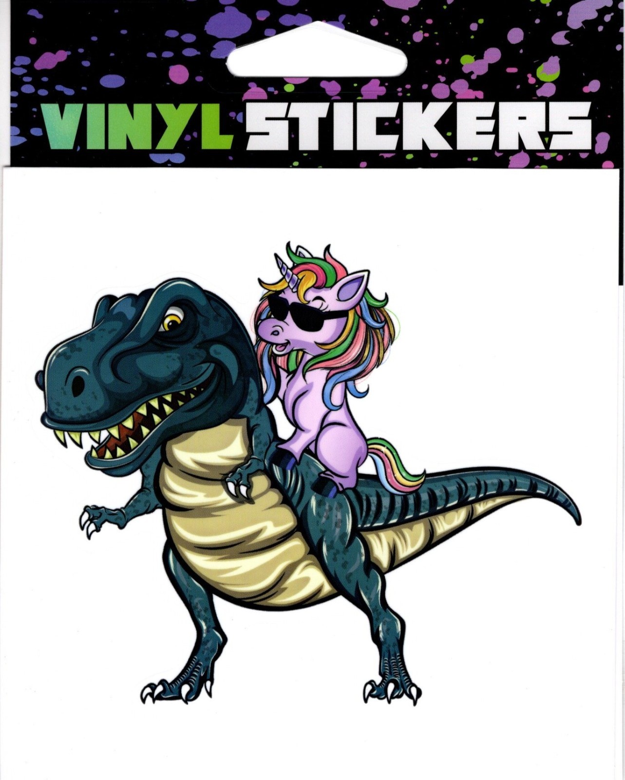 "Unicorn" riding a T-Rex Vinyl Sticker – 4.25in x 4.25in