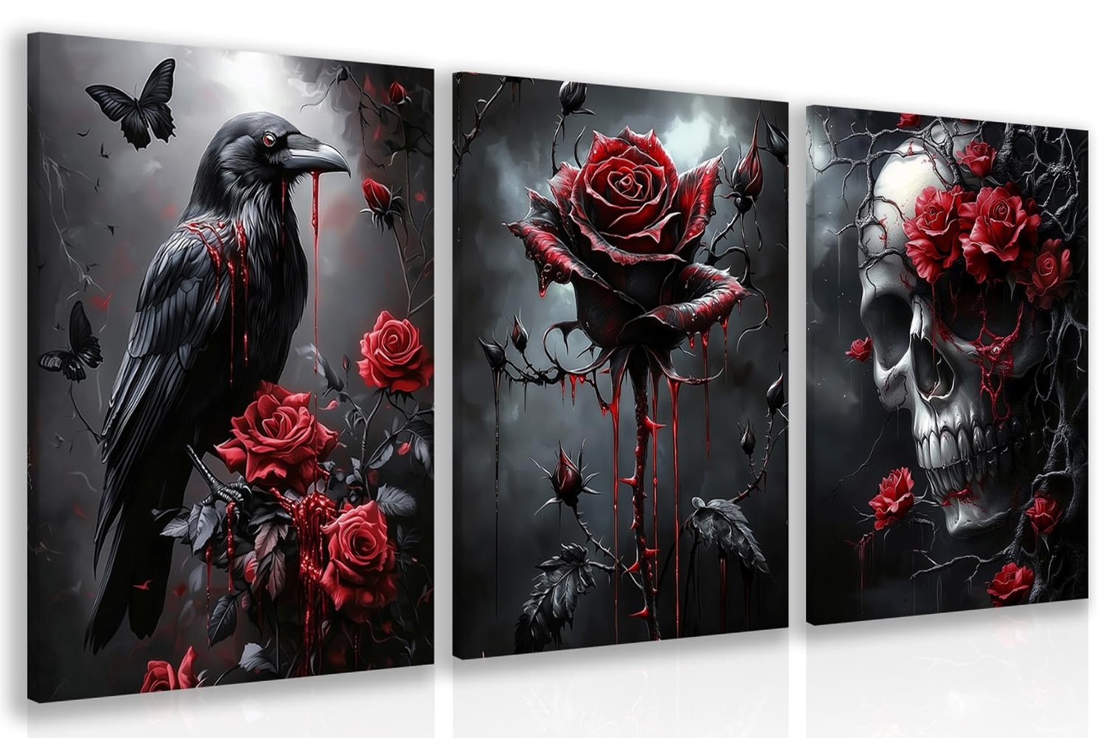 Horror Gothic Canvas Wall Art, Romance Raven Rose Halloween Wall Decor, Blood…