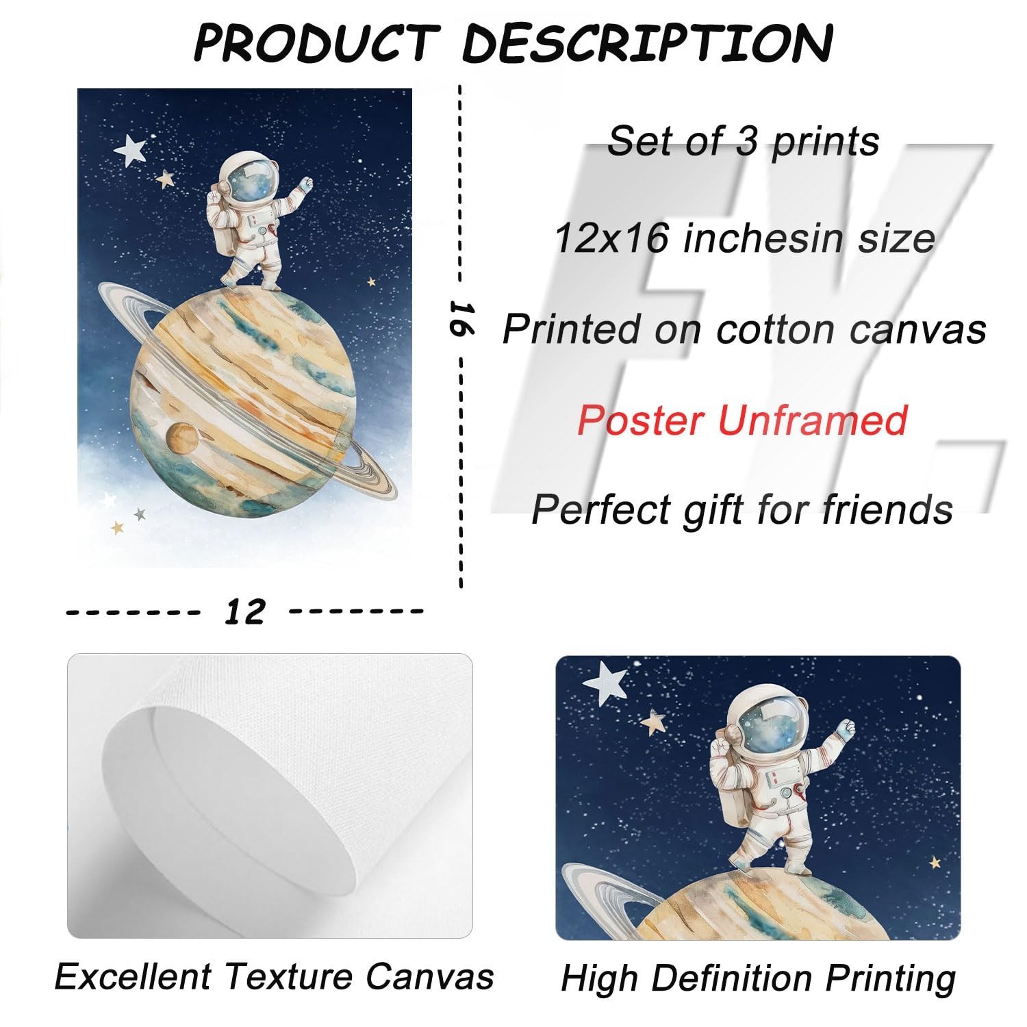 3Pcs Space Nursery Wall Art Astronaut Posters Prints Watercolor Space Astrona…