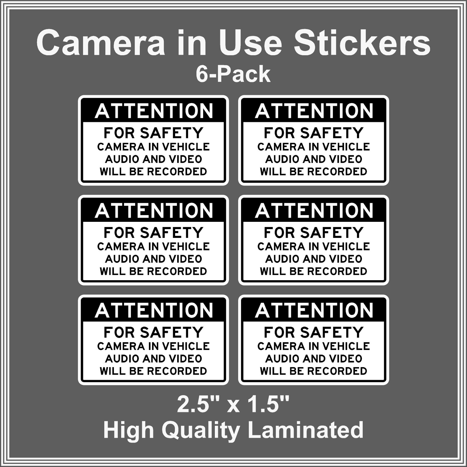 Camera in Car Recording Video 6-Pack Decals Black & White 2.5" x 1.5" for Uber