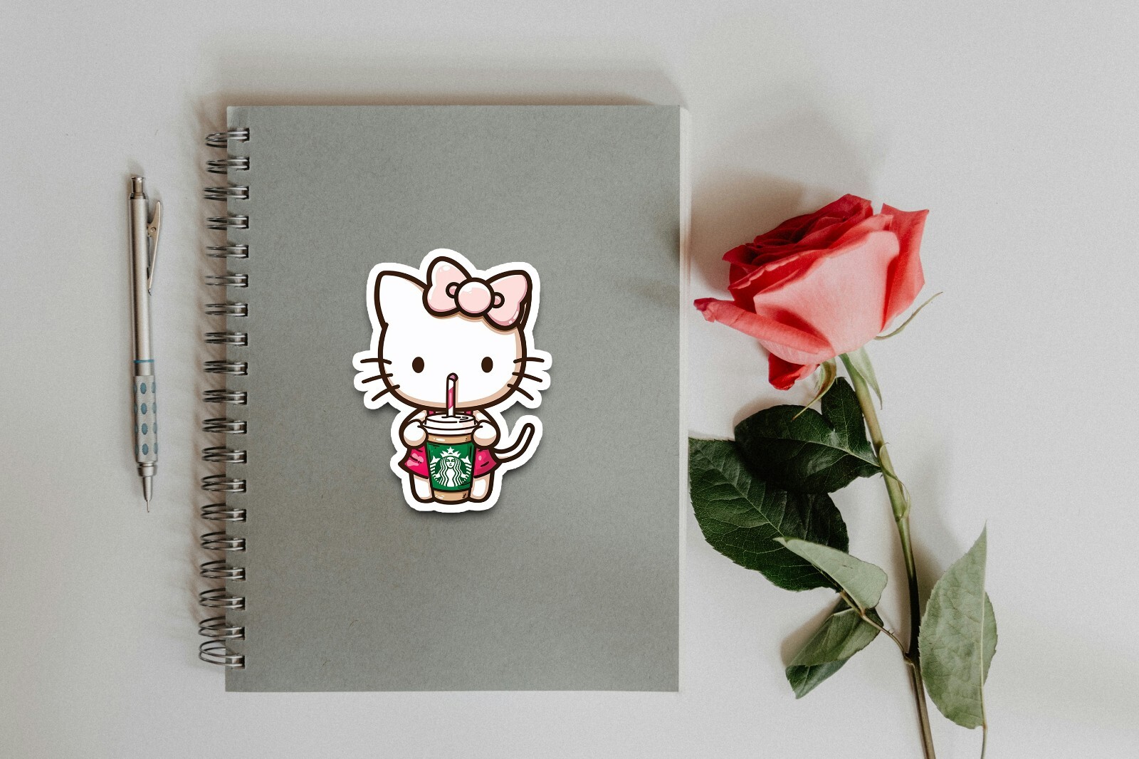 Kitty with Starbucks Sticker, Cute, Waterproof, Laptop, Water Bottle, Die Cut
