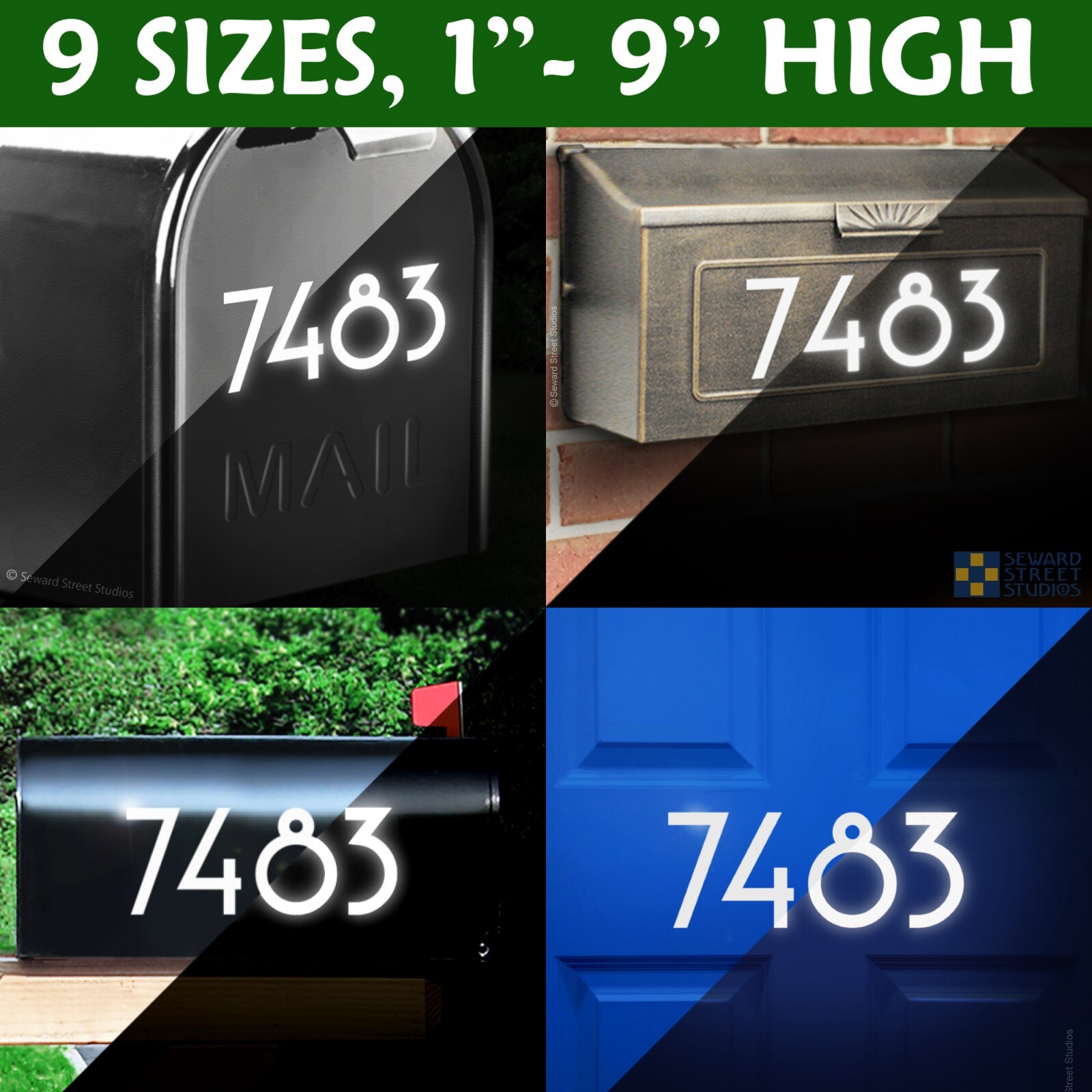 Art Deco Reflective Mailbox Address Decal, Personalized Custom – 1311R-WT-Sizes
