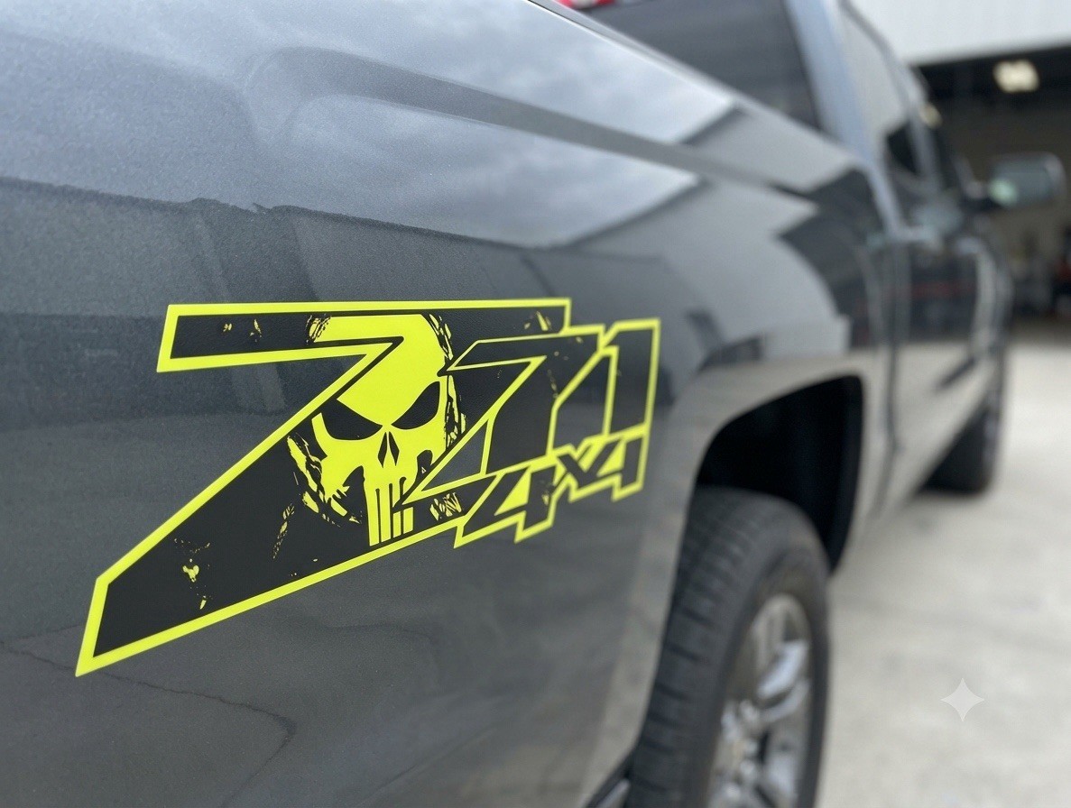 Z71 4×4 Decal Set – Custom Punisher Skull Design – Neon Yellow & Black Pair 11”