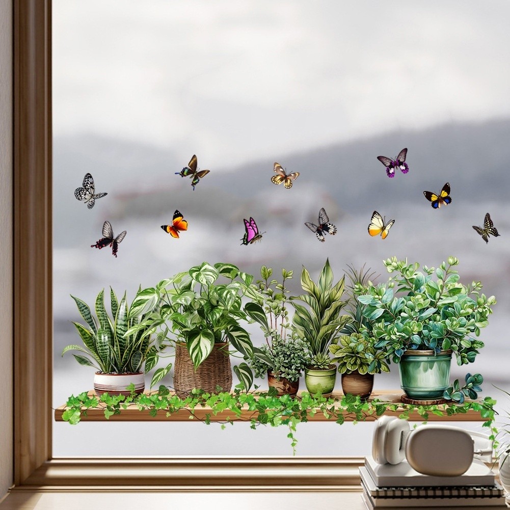 Glass Window Stickers with Realistic Green Leaves and Butterflies 60x50cm