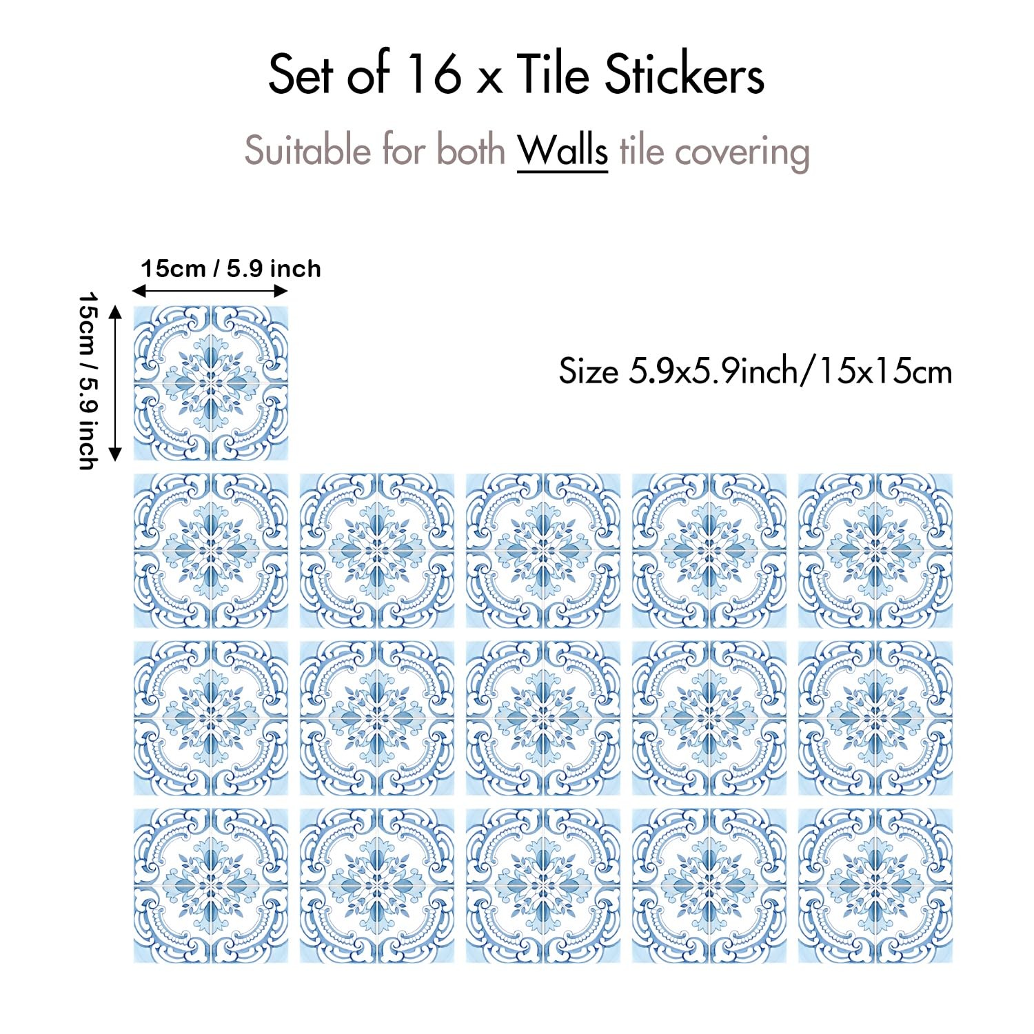 16 Pack, 5.9 Inch Vintage Tile Stickers, Ornate Blue and White Peel and Stick…