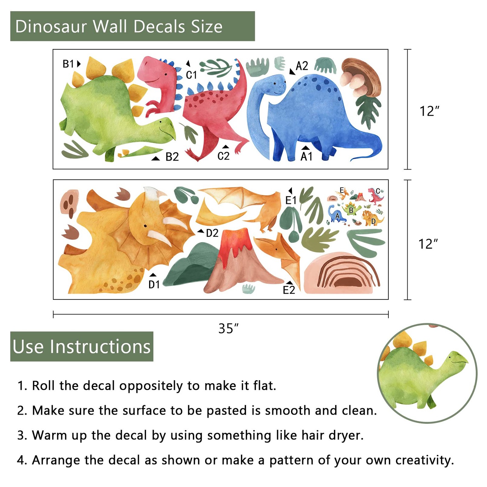 Baby Dinosaur Wall Decals Stickers, Dino Volcano Cave Neutral Nursery Toddler…